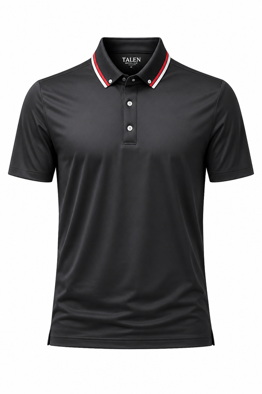 “The Bishopp” Performance Polo in Black with Red Stripe