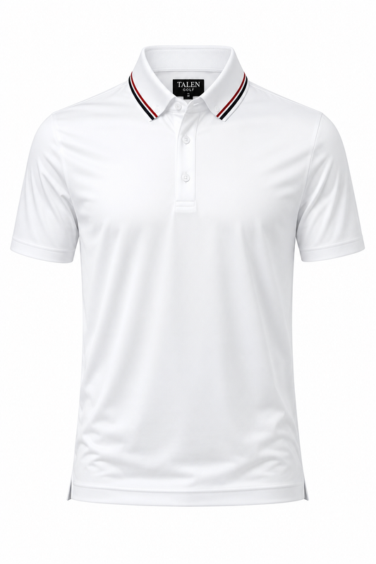“The Bishopp” Performance Polo in White with Navy and Red Stripe
