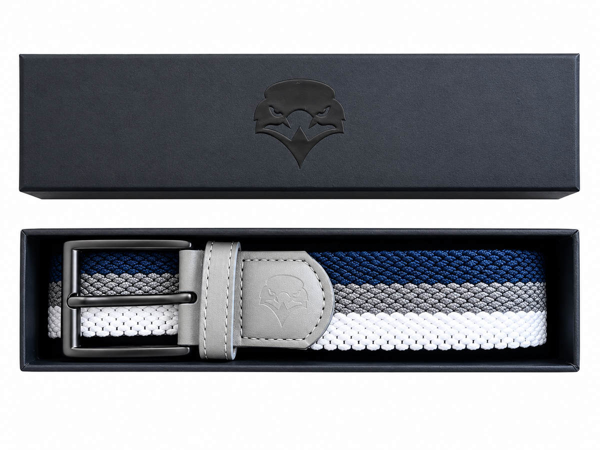 The Heritage Stripe Performance Belt in Navy, Grey and White